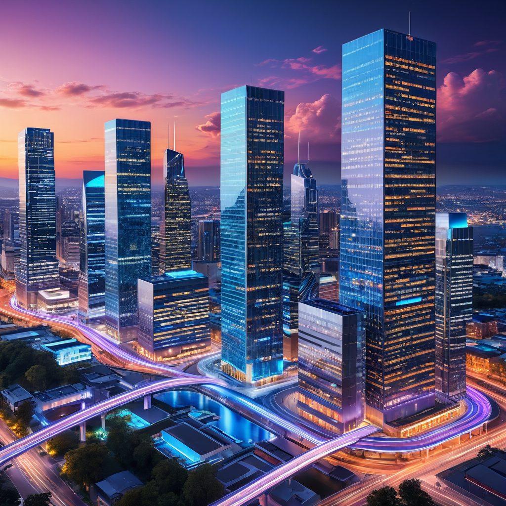 A dynamic illustration showcasing Enterprise JavaBeans in a Service-Oriented Architecture. Include interconnected servers, code snippets flowing between them, and visual representations of services like APIs and microservices. The background features a high-tech cityscape symbolizing modern architecture, with glowing lines indicating communication pathways. Vibrant colors. 3D rendering.