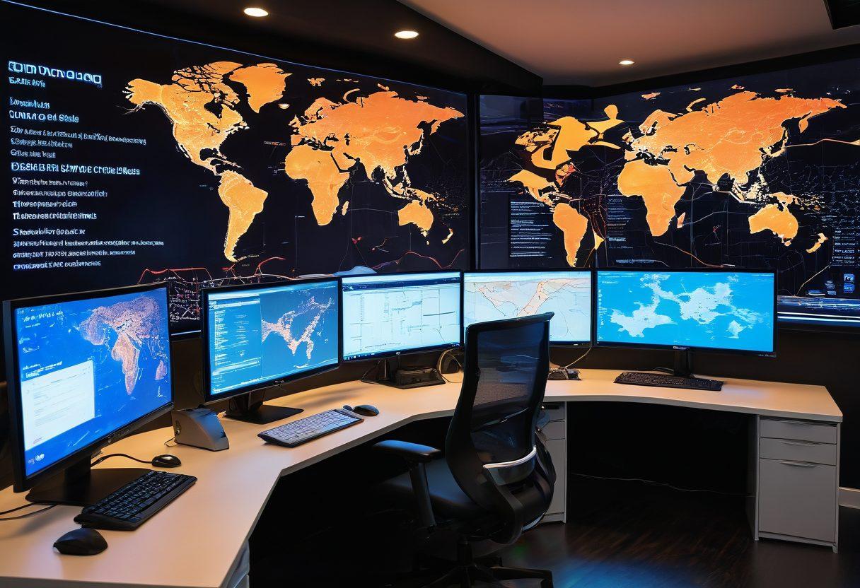 A sleek, futuristic workspace showcasing a developer immersed in coding on multiple screens, with Java EE code snippets glowing on the displays. In the background, a digital world map illustrates distributed computing with interconnected nodes, emphasizing transaction management. The atmosphere is vibrant and techy, with neon colors illuminating the space. super-realistic. vibrant colors. digital art.